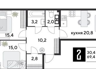 Двухкомнатная квартира на продажу, 69.4 м2, Краснодар, ЖК Парк Победы