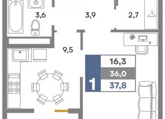 Продается однокомнатная квартира, 37.8 м2, село Белоглинка