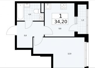 1-комнатная квартира на продажу, 34.2 м2, Москва