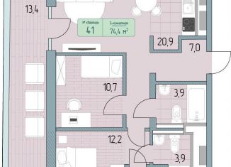 Продажа трехкомнатной квартиры, 74.4 м2, Анапа