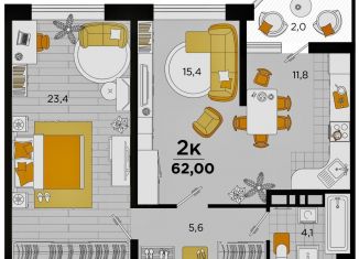 Продажа двухкомнатной квартиры, 62 м2, Краснодар, улица имени В.Н. Мачуги, 166Ак1, ЖК Сказка Град