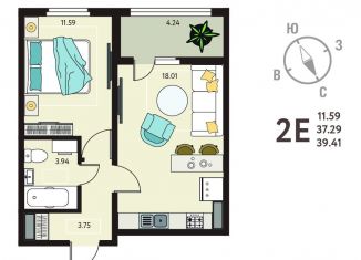 1-комнатная квартира на продажу, 39.4 м2, Липецк