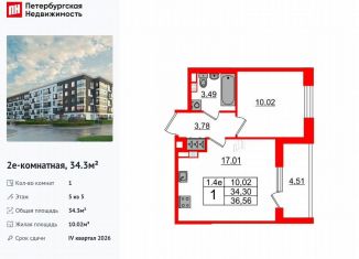 Продаю 1-ком. квартиру, 34.3 м2, Санкт-Петербург, метро Звёздная