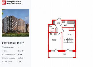 1-ком. квартира на продажу, 36.8 м2, Санкт-Петербург, муниципальный округ Невский