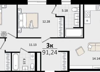 Трехкомнатная квартира на продажу, 91.2 м2, Краснодар, Карасунский округ