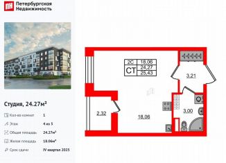 Продается квартира студия, 24.3 м2, Санкт-Петербург, муниципальный округ Пулковский Меридиан