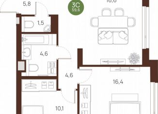 Продается двухкомнатная квартира, 59.6 м2, Новосибирская область