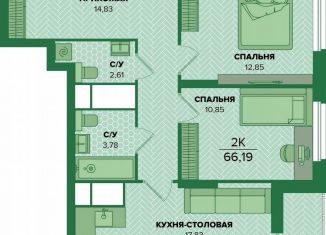 2-ком. квартира на продажу, 66.2 м2, Тула