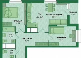 Продается 2-комнатная квартира, 64.9 м2, Тула