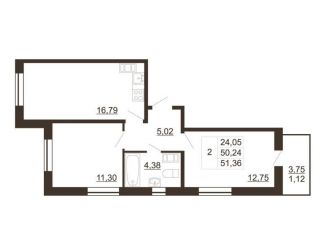 Продам 2-ком. квартиру, 51.4 м2, Гатчина, улица Хохлова, 16