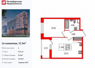 Продажа 1-комнатной квартиры, 32.9 м2, деревня Новосаратовка