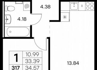 Продается однокомнатная квартира, 34.6 м2, городской посёлок Новоселье