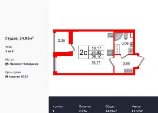 Продается квартира студия, 24.8 м2, Санкт-Петербург, проспект Будённого, 21к1, ЖК Солнечный Город