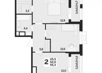 Продаю 2-комнатную квартиру, 55.3 м2, Адыгея