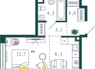 1-комнатная квартира на продажу, 43.7 м2, Москва, 1-я очередь, к4, ЖК Шагал