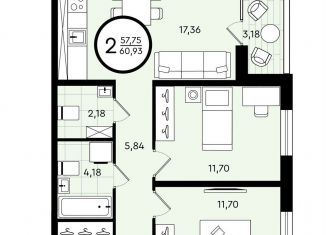 Продажа 2-ком. квартиры, 60.9 м2, Тюмень, ​улица Александра Звягина, 5, Калининский округ