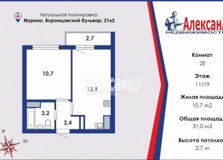 1-комнатная квартира на продажу, 32 м2, Мурино, Воронцовский бульвар, 21к2