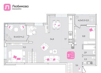 Продажа 3-ком. квартиры, 77.5 м2, Краснодар