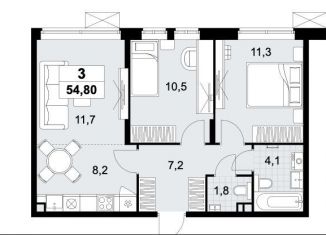 Трехкомнатная квартира на продажу, 54.8 м2, поселение Сосенское, ЖК Прокшино, Прокшинский проспект, 11
