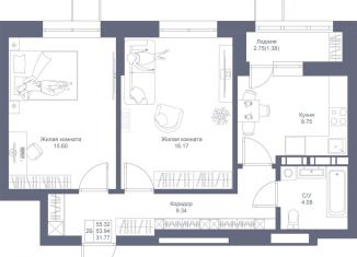 Продается 2-комнатная квартира, 55.3 м2, Казань, ЖК Мой Ритм