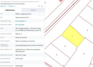 Продажа участка, 5.8 сот., Нижняя Салда, улица Октябрьской Революции, 76