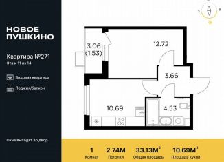 Продается однокомнатная квартира, 33.1 м2, Пушкино