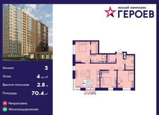 Продаю трехкомнатную квартиру, 70.4 м2, Балашиха, ЖК Героев