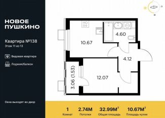 Продам 1-комнатную квартиру, 33 м2, Пушкино, микрорайон Новое Пушкино, к28