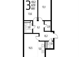 Продаю 2-комнатную квартиру, 69.1 м2, Москва, СНТ Родник, 203