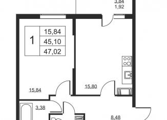 1-комнатная квартира на продажу, 47 м2, Бугры