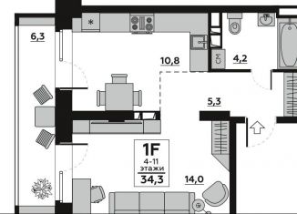 Продажа однокомнатной квартиры, 34.3 м2, Волгоград, Ангарская улица, 9А, ЖК Гранд Авеню