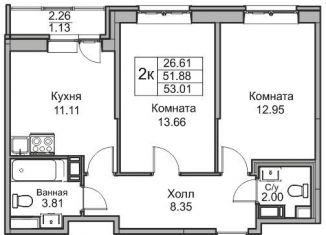 Продаю 2-комнатную квартиру, 53 м2, Санкт-Петербург, Ивинская улица, 15, муниципальный округ Лахта-Ольгино