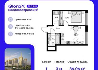 Продается 1-ком. квартира, 36.1 м2, Санкт-Петербург, муниципальный округ Морской