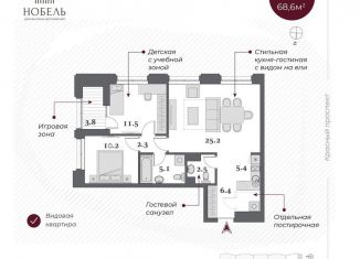 3-комнатная квартира на продажу, 68.6 м2, Новосибирск, Красный проспект, 220стр, ЖК Нобель