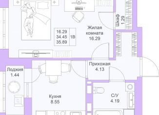 Продажа однокомнатной квартиры, 35.9 м2, Казань