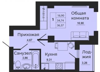 1-комнатная квартира на продажу, 36.4 м2, Батайск, улица 1-й Пятилетки, 2