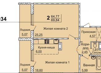Двухкомнатная квартира на продажу, 69.8 м2, Челябинск, 2-я Эльтонская улица, 59Б