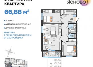 3-ком. квартира на продажу, 66.9 м2, Ульяновская область, квартал Ясново, 2