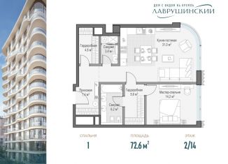 Однокомнатная квартира на продажу, 72.6 м2, Москва, метро Полянка
