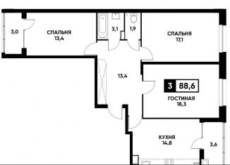 3-комнатная квартира на продажу, 88.6 м2, Ставрополь, улица Тухачевского, 33к1, микрорайон № 36
