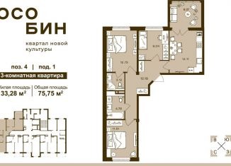 Трехкомнатная квартира на продажу, 75.8 м2, Брянск