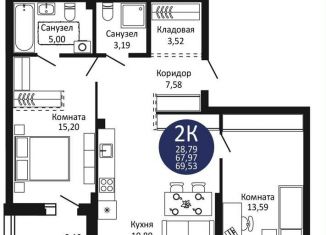 Продается двухкомнатная квартира, 68.8 м2, Новосибирск, Октябрьский район