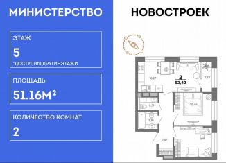 Двухкомнатная квартира на продажу, 51.2 м2, Рязань