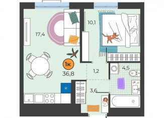 1-комнатная квартира на продажу, 36.8 м2, Тюменская область, улица Надежды Шалагиной, 4