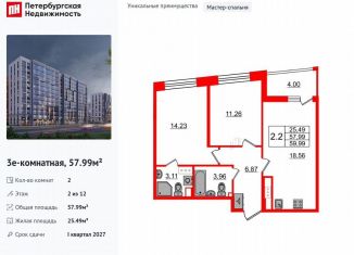 Двухкомнатная квартира на продажу, 58 м2, Санкт-Петербург, метро Парнас