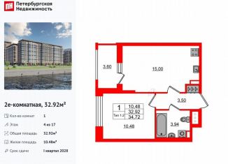 Продам однокомнатную квартиру, 32.9 м2, Санкт-Петербург, метро Проспект Большевиков