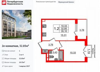 Продается 1-комнатная квартира, 32.9 м2, посёлок Стрельна