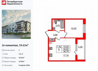 Продам однокомнатную квартиру, 34.6 м2, Санкт-Петербург, метро Звёздная