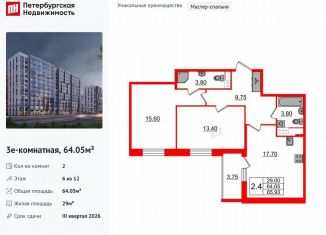 Продаю 2-ком. квартиру, 64.1 м2, Санкт-Петербург, муниципальный округ Коломяги