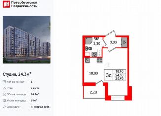 Продам квартиру студию, 24.3 м2, Санкт-Петербург, муниципальный округ Коломяги